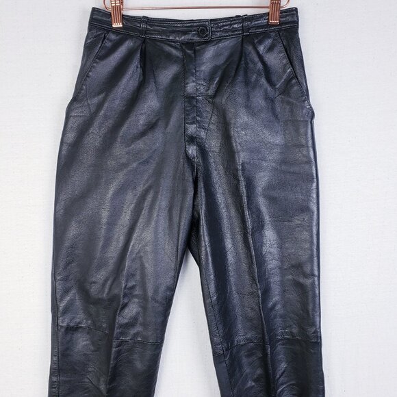 Vintage 100% Leather Pants Black High Rise Straight Leg Trousers size 38 US S/XS - Picture 2 of 11